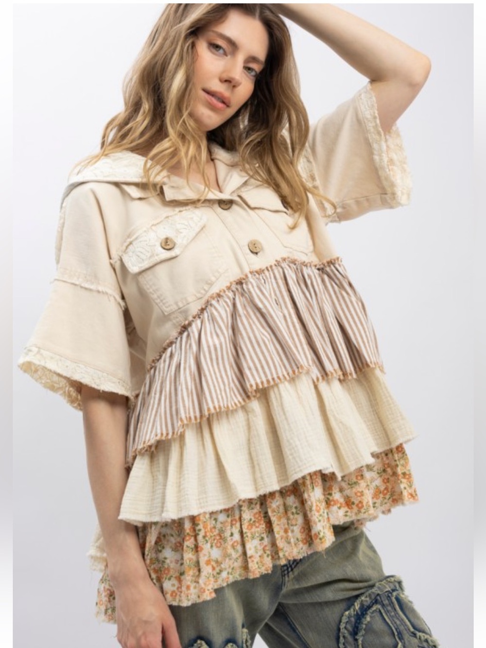 OF8–🤎 (CREAM NEW ARRIVAL) SHORT SLEEVE BUTTON UP TIERED RUFFLE JACKET